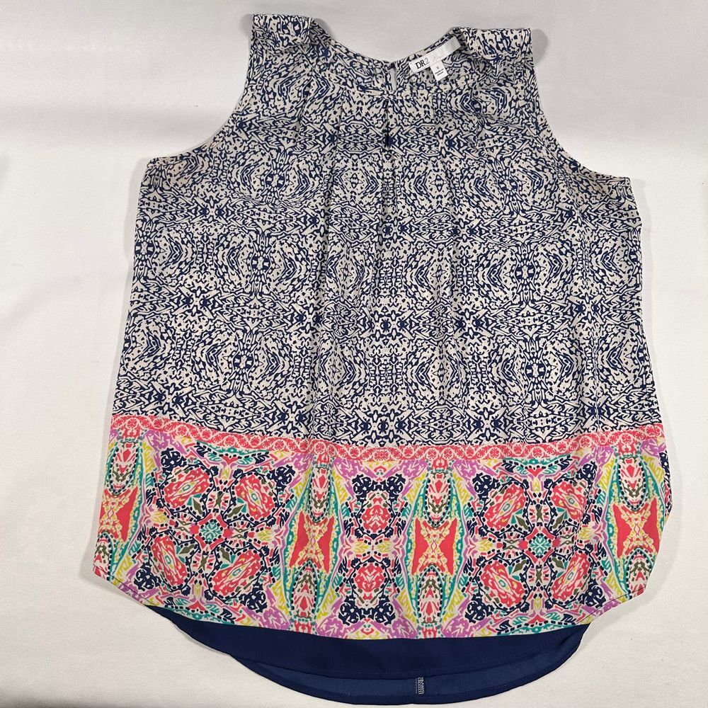DR2 Blue and White Colorful Batik Casual Sleeveless Top‎ Womens size Small